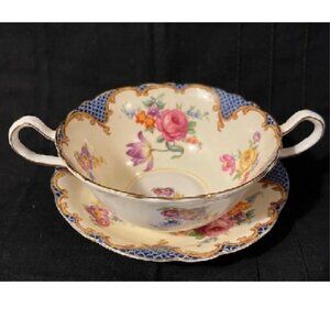 Rare Aynsley Bouillon Bowl & Saucer Wilton Blue Fish Scale Bone China Vintage